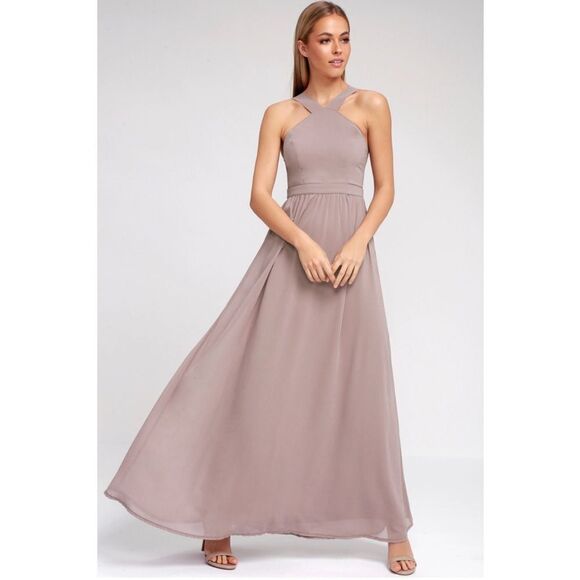 NWT Lulus Maxi Dress purple Taupe Formal Air Of Romance Halter A-Line size m - Picture 1 of 8
